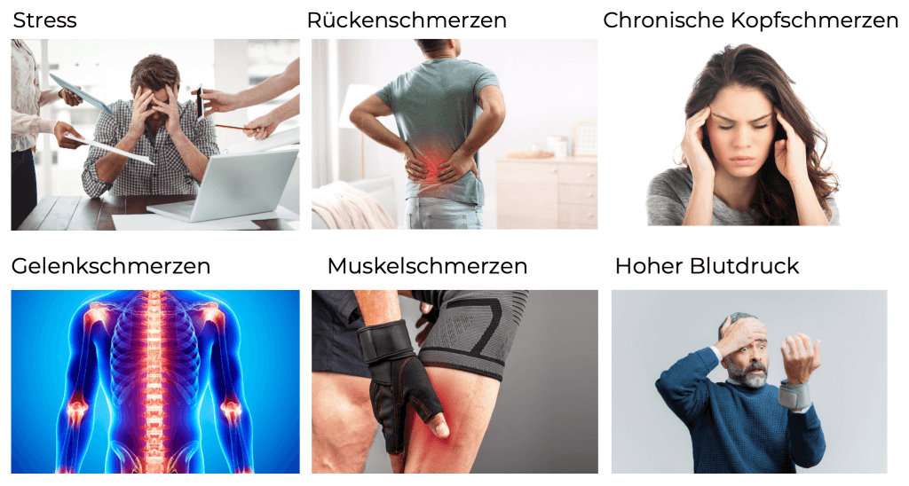 Linderung von Rückenschmerzen, Chronischen Kopfschmerzen, Muskelschmerzen, Hohem Blutdruck, Gelenkschmerzen, Stress